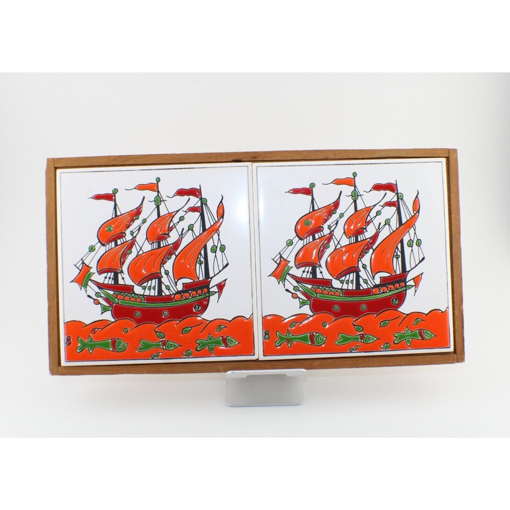 MCM Orange Red Boat Ship Ceramic Art Nautical Tile Hanging Wall Plaque Decor